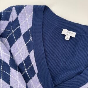 90s Womens Argyle Eclectic Grandpa Purple Cottage Core Button Up VNeck‎ Cardigan